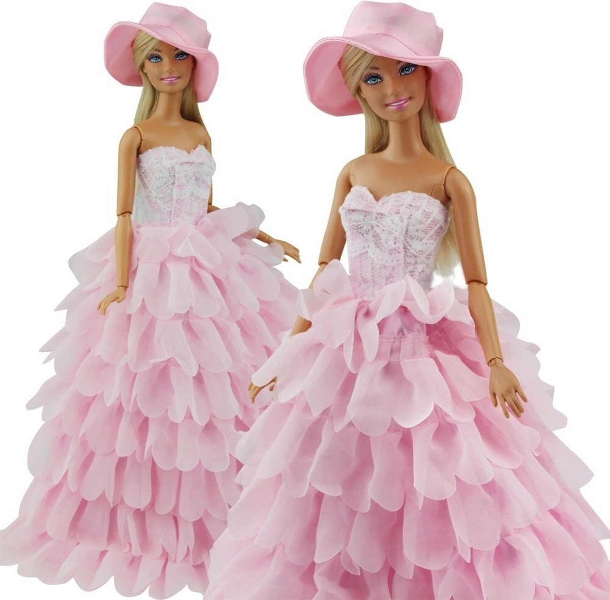 Voor de Pop | Chique Wit En Roze Trouwjurk met hoed | voor modepop | Barbie | Poppenkleertjes | Poppenkleding | Poppen accessoires